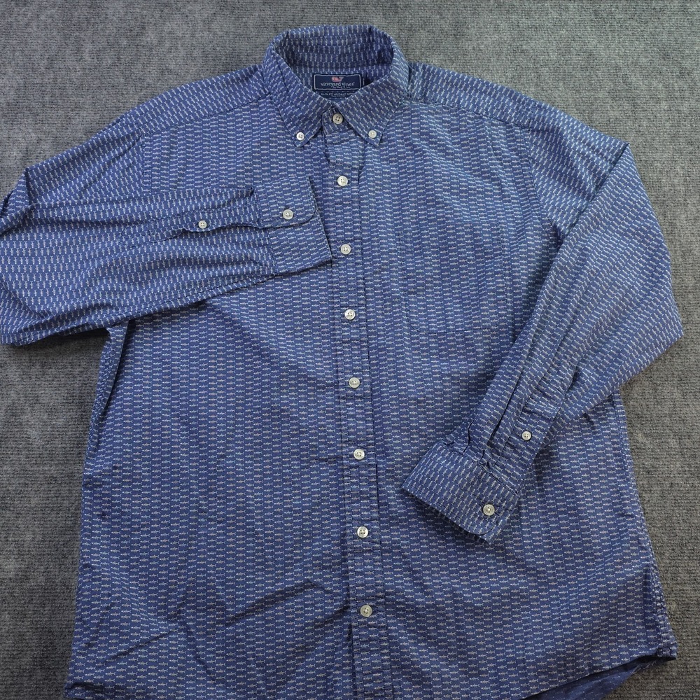 Vineyard Vines Slim Fit Murray Shirt Large Blue Fish Bones Geometric Long Sleeve - Picture 2 of 8